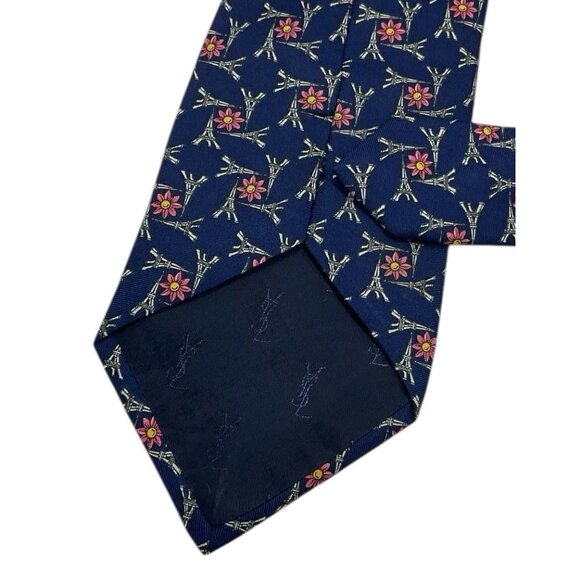 YVES SAINT LAURENT Men's Silk Necktie LUXURY Blue Eiffel Tower Floral W:3.7" EUC - Picture 5 of 5